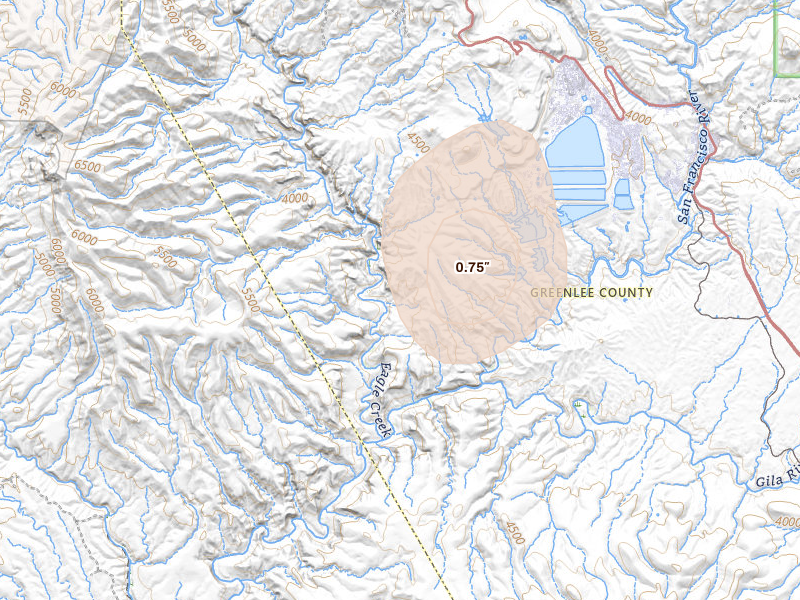 Radar-estimated hail-size map of the storm over Morenci, AZ on Jul 23, 2026
