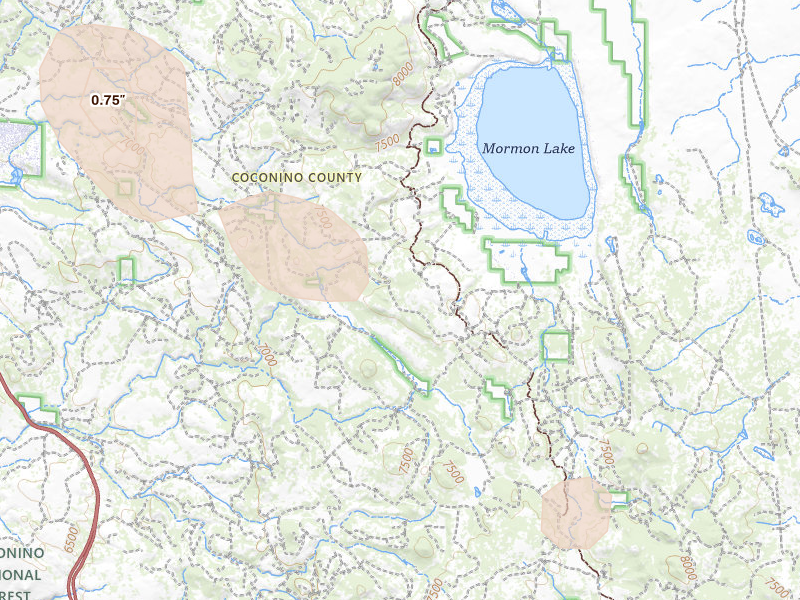Radar-estimated hail-size map of the storm over Mormon Lake, AZ on Aug 6, 2026