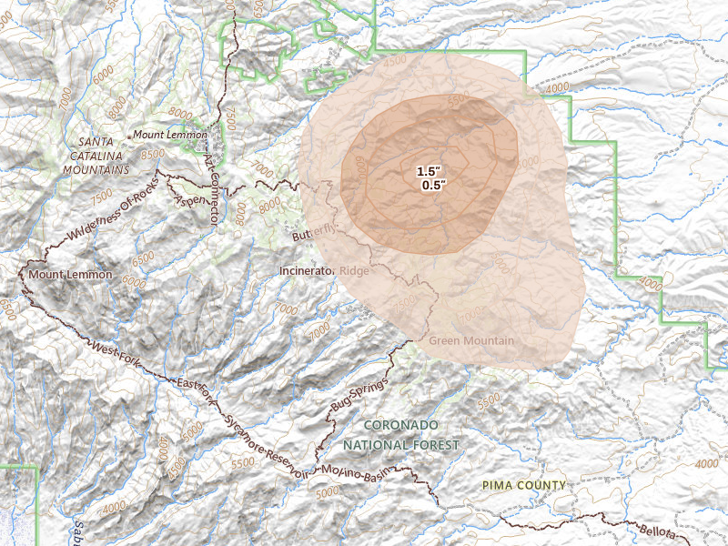 Radar-estimated hail-size map of the storm over Mount Lemmon, AZ on Jul 11, 2026