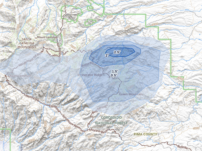 NEXRAD radar-signature map of the hail storm over Mount Lemmon, AZ on Jul 11, 2026
