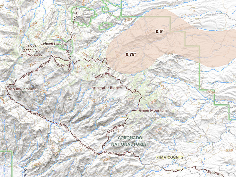 Radar-estimated hail-size map of the storm over Mount Lemmon, AZ on Jul 24, 2026