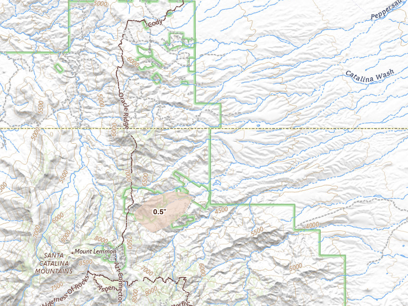 Radar-estimated hail-size map of the storm over Mount Lemmon, AZ on Aug 7, 2026