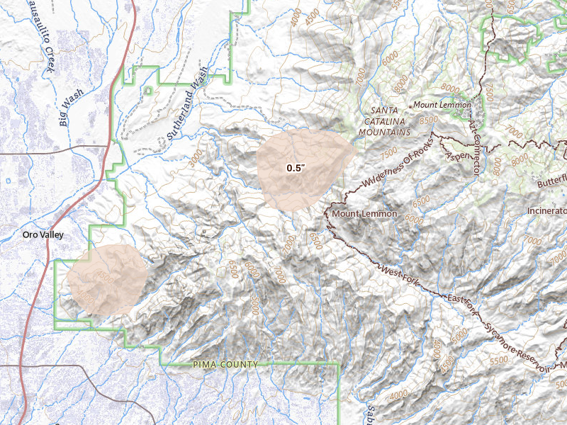 Radar-estimated hail-size map of the storm over Mount Lemmon, AZ on Aug 21, 2026