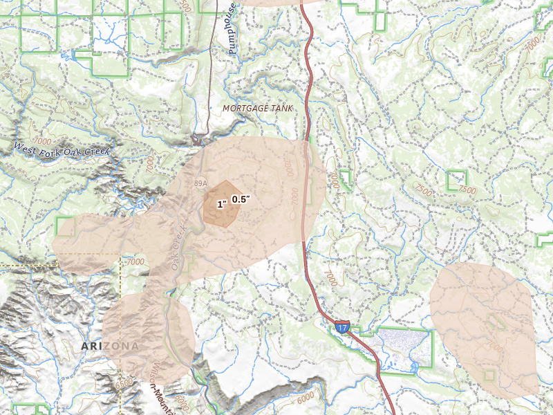 Radar-estimated hail-size map of the storm over Munds Park, AZ on Aug 6, 2026