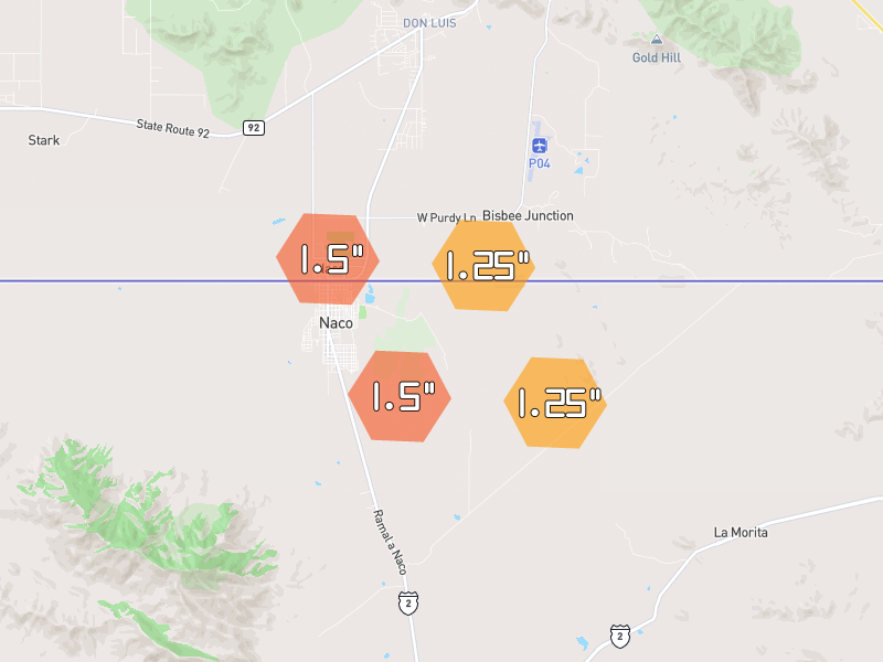 Hail map of Naco, AZ on Jul 28, 2026, hail up to 1.5"