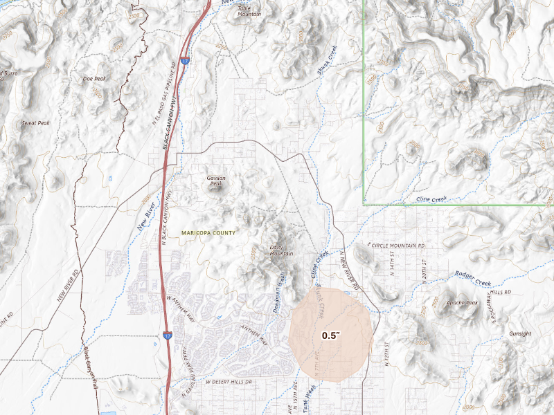 Radar-estimated hail-size map of the storm over New River, AZ on Sep 16, 2026