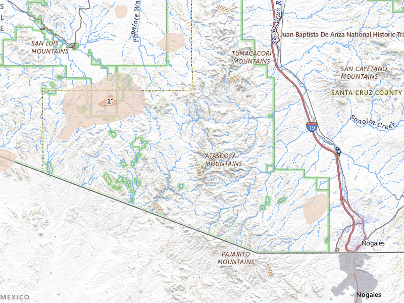 Radar-estimated hail-size map of the storm over Nogales, AZ on Jun 17, 2026