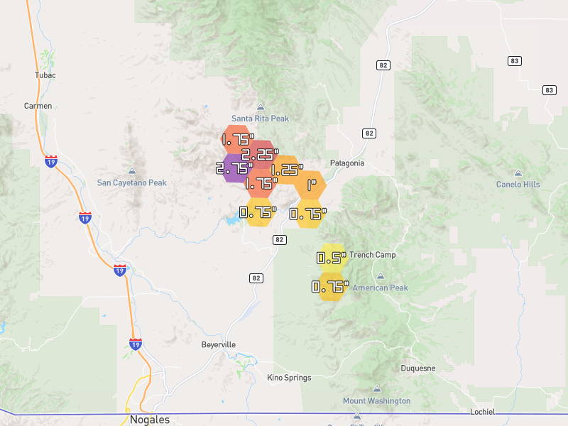 Hail map of Nogales, AZ on Jul 11, 2026, hail up to 2.75"