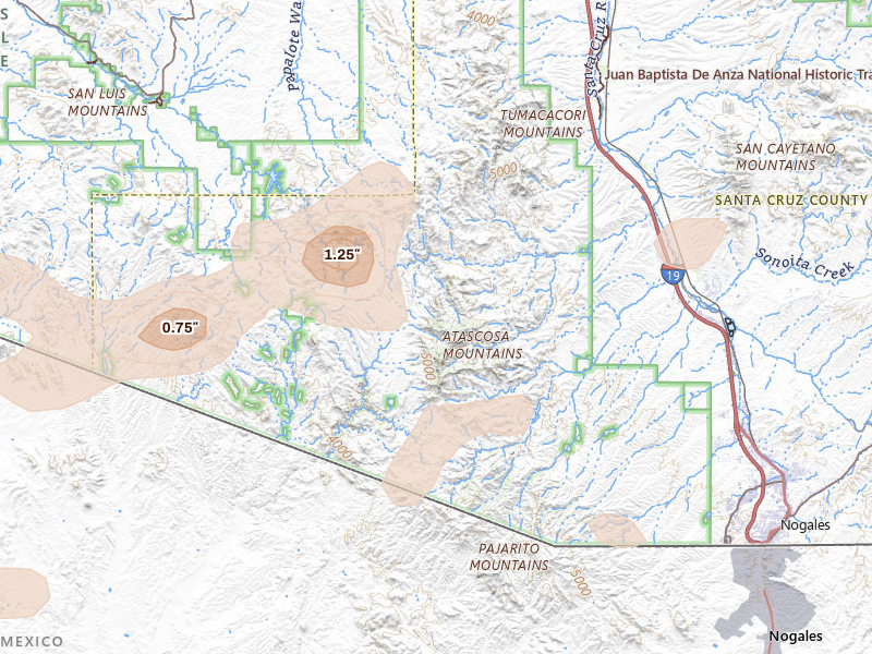 Radar-estimated hail-size map of the storm over Nogales, AZ on Jul 12, 2026