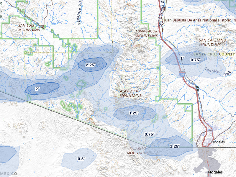 NEXRAD radar-signature map of the hail storm over Nogales, AZ on Jul 12, 2026