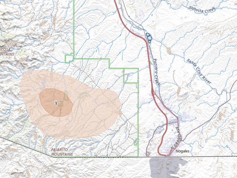 Radar-estimated hail-size map of the storm over Nogales, AZ on Aug 3, 2026