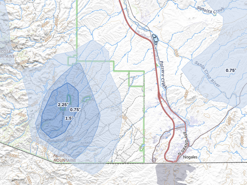 NEXRAD radar-signature map of the hail storm over Nogales, AZ on Aug 3, 2026
