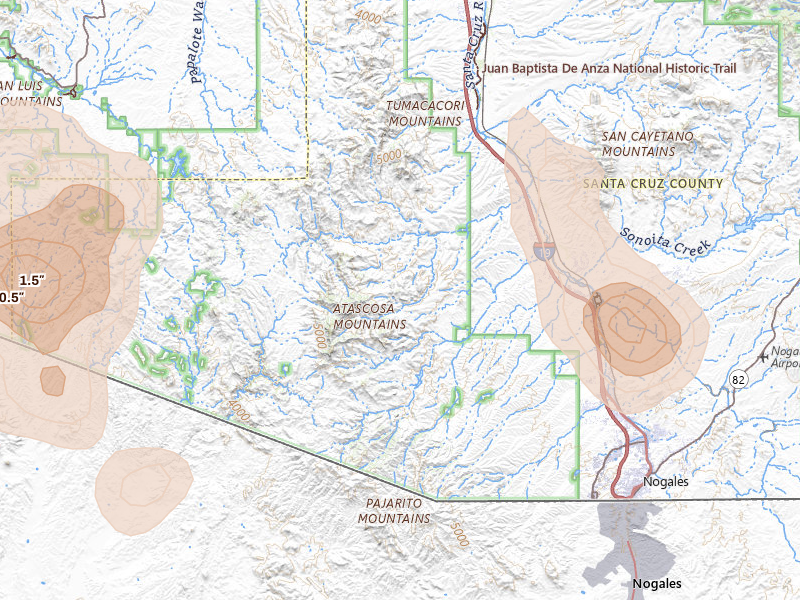 Radar-estimated hail-size map of the storm over Nogales, AZ on Aug 19, 2026