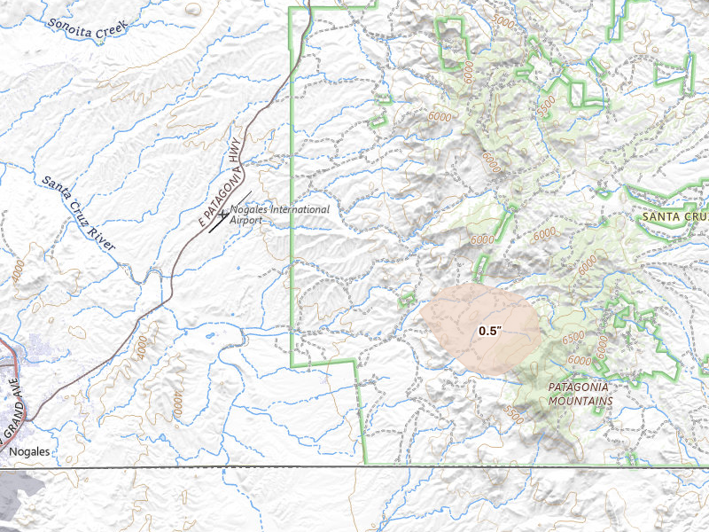 Radar-estimated hail-size map of the storm over Nogales, AZ on Aug 21, 2026