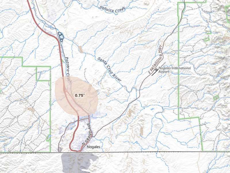 Radar-estimated hail-size map of the storm over Nogales, AZ on Aug 23, 2026