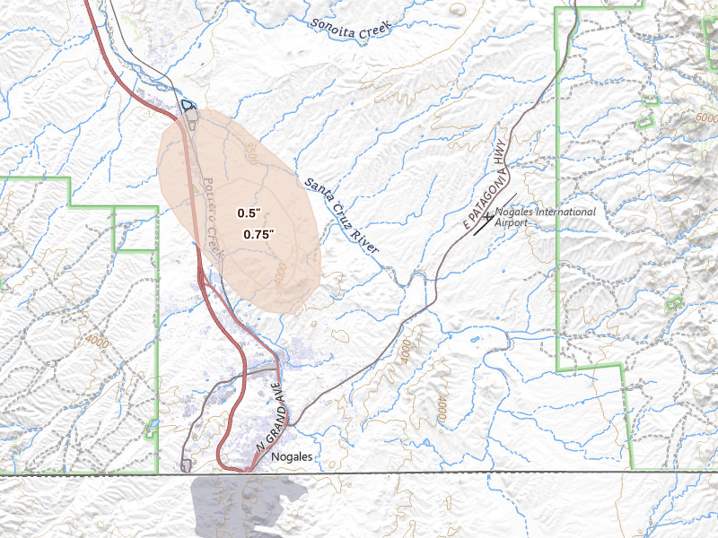 Radar-estimated hail-size map of the storm over Nogales, AZ on Aug 26, 2026
