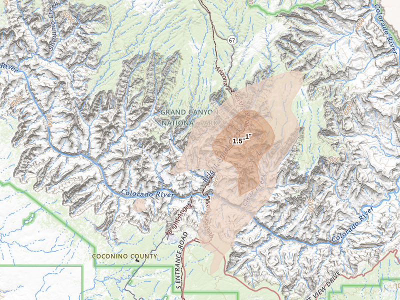 Radar-estimated hail-size map of the storm over North Rim, AZ on Aug 29, 2026