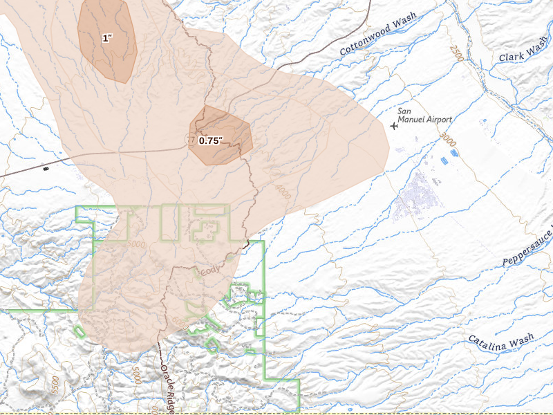 Radar-estimated hail-size map of the storm over Oracle, AZ on Jul 11, 2026