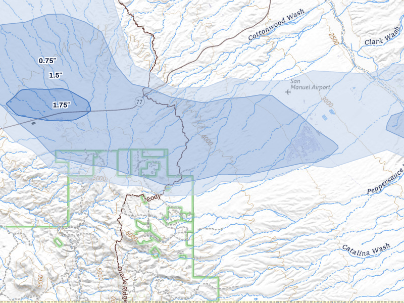 NEXRAD radar-signature map of the hail storm over Oracle, AZ on Jul 11, 2026
