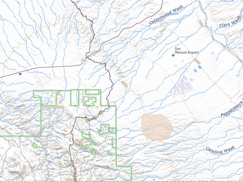 Radar-estimated hail-size map of the storm over Oracle, AZ on Jul 24, 2026
