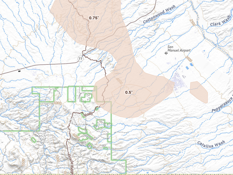 Radar-estimated hail-size map of the storm over Oracle, AZ on Aug 27, 2026