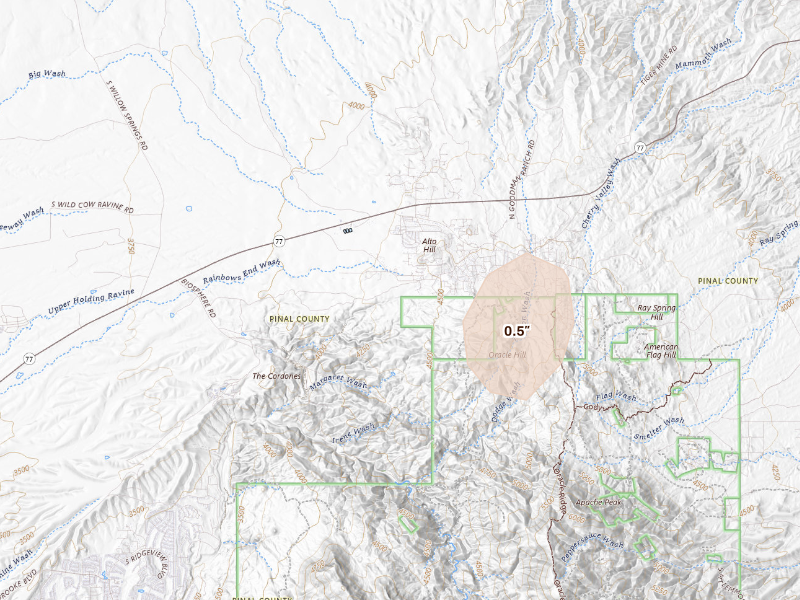 Radar-estimated hail-size map of the storm over Oracle, AZ on Sep 24, 2026
