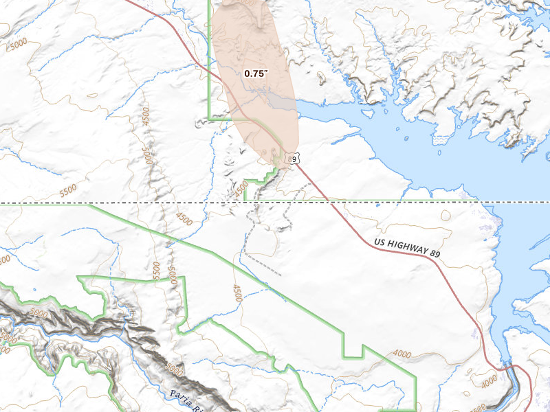 Radar-estimated hail-size map of the storm over Page, AZ on Jul 21, 2026