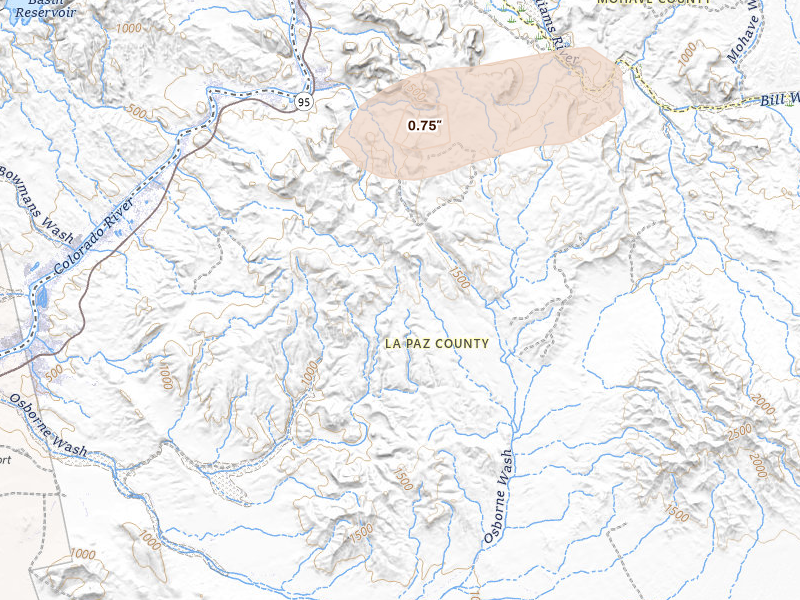 Radar-estimated hail-size map of the storm over Parker, AZ on Jul 17, 2026