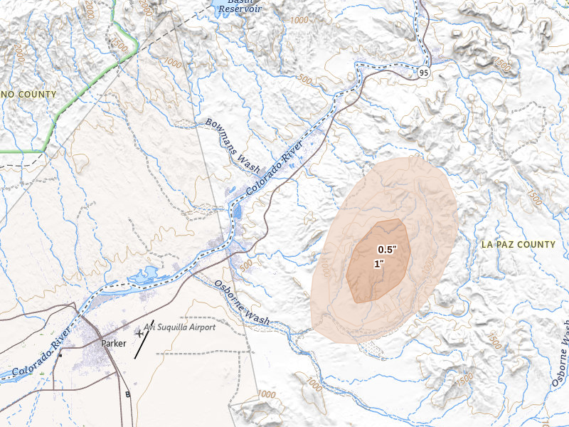 Radar-estimated hail-size map of the storm over Parker, AZ on Aug 12, 2026