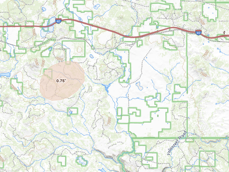 Radar-estimated hail-size map of the storm over Parks, AZ on Jul 12, 2026