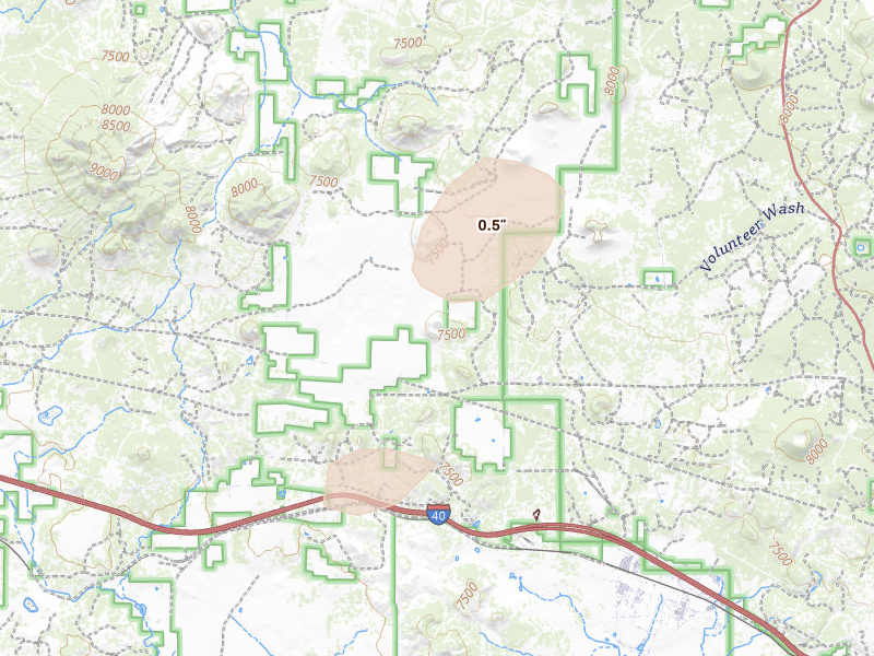 Radar-estimated hail-size map of the storm over Parks, AZ on Aug 5, 2026
