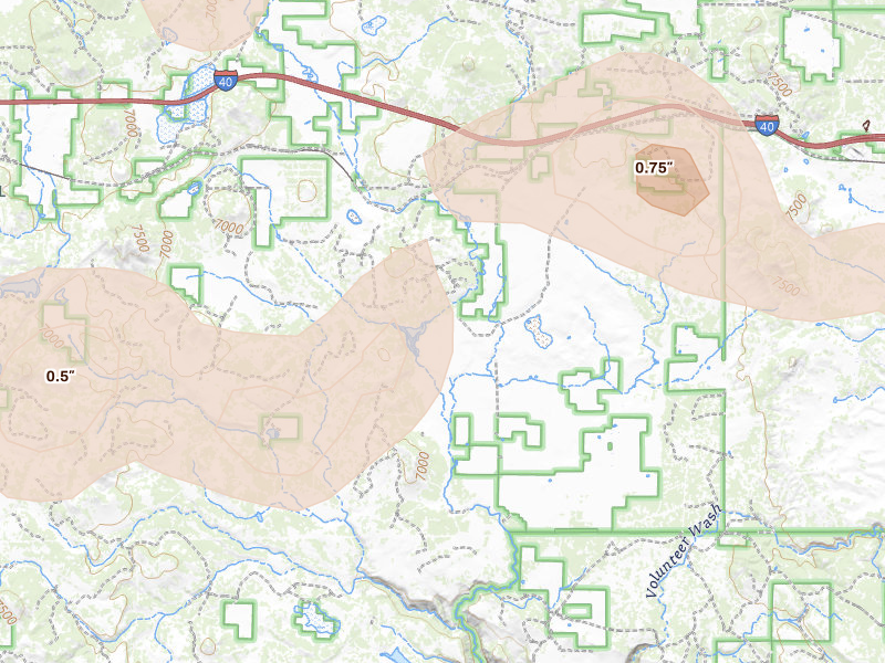 Radar-estimated hail-size map of the storm over Parks, AZ on Aug 20, 2026