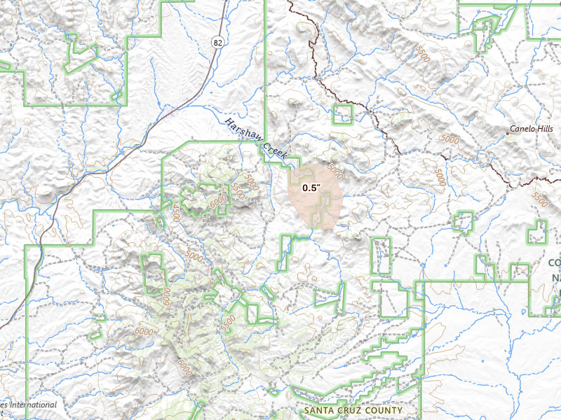 Radar-estimated hail-size map of the storm over Patagonia, AZ on Jun 16, 2026