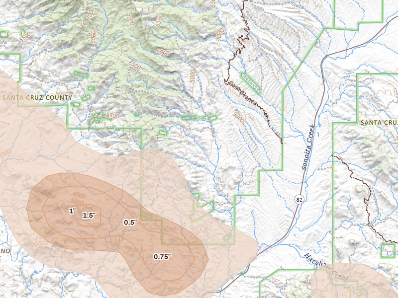 Radar-estimated hail-size map of the storm over Patagonia, AZ on Jul 11, 2026
