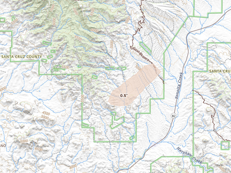 Radar-estimated hail-size map of the storm over Patagonia, AZ on Jul 14, 2026