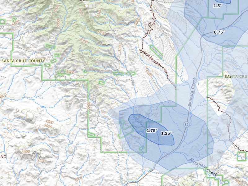 NEXRAD radar-signature map of the hail storm over Patagonia, AZ on Aug 5, 2026
