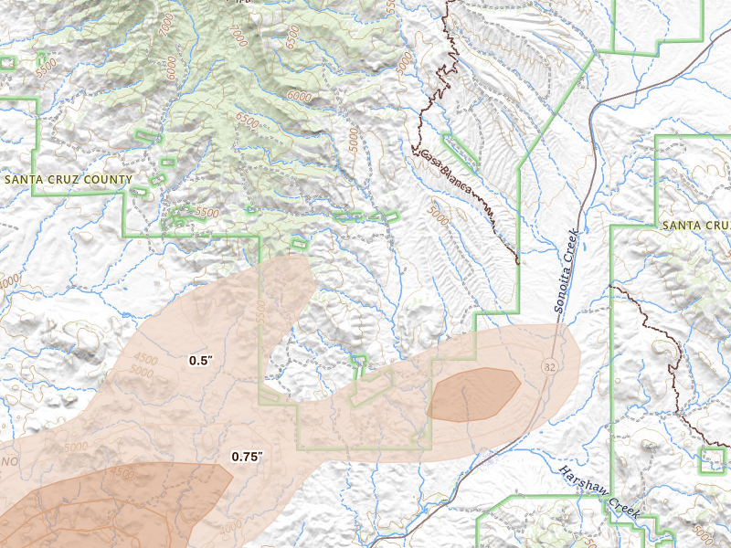 Radar-estimated hail-size map of the storm over Patagonia, AZ on Aug 9, 2026