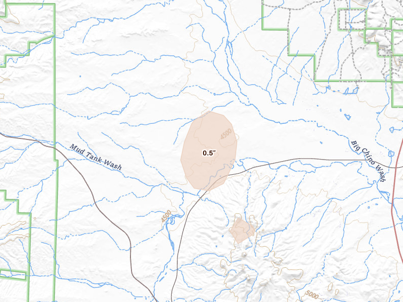 Radar-estimated hail-size map of the storm over Paulden, AZ on Aug 20, 2026