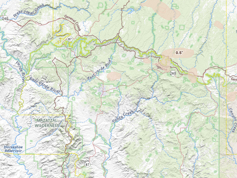 Radar-estimated hail-size map of the storm over Payson, AZ on Jul 20, 2026