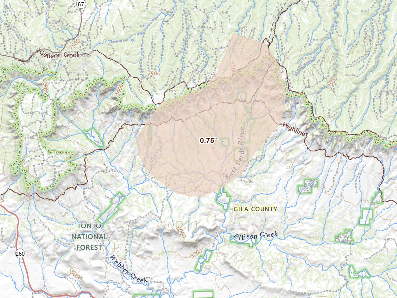 Radar-estimated hail-size map of the storm over Payson, AZ on Aug 6, 2026