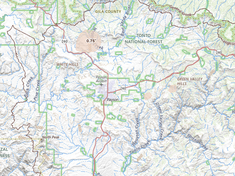 Radar-estimated hail-size map of the storm over Payson, AZ on Aug 9, 2026