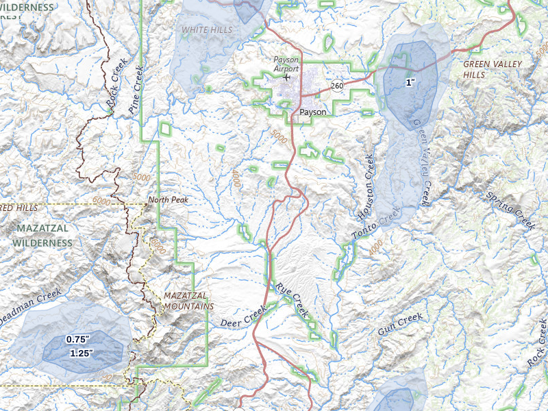 NEXRAD radar-signature map of the hail storm over Payson, AZ on Aug 9, 2026