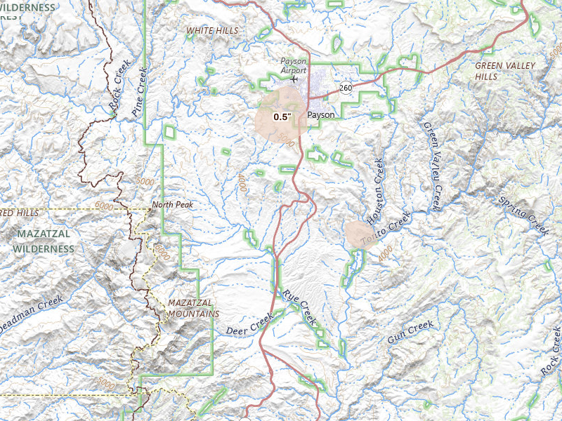 Radar-estimated hail-size map of the storm over Payson, AZ on Aug 12, 2026