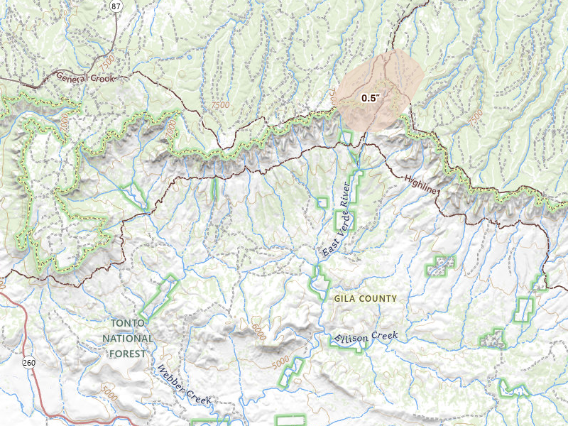 Radar-estimated hail-size map of the storm over Payson, AZ on Aug 19, 2026