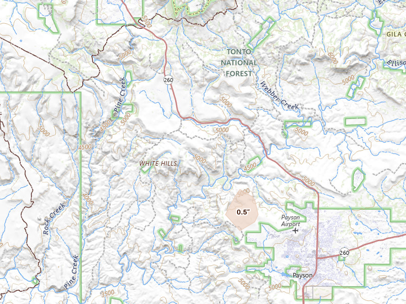 Radar-estimated hail-size map of the storm over Payson, AZ on Aug 30, 2026
