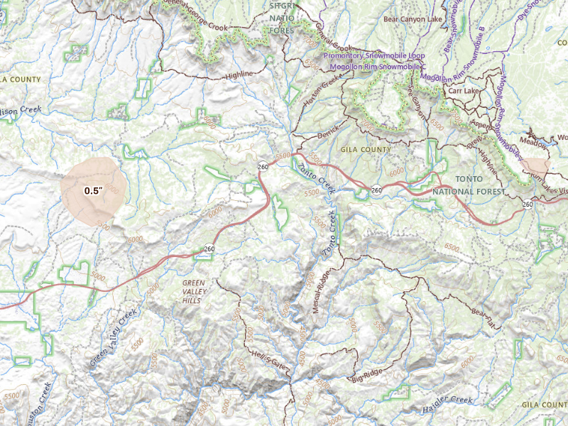 Radar-estimated hail-size map of the storm over Payson, AZ on Sep 23, 2026
