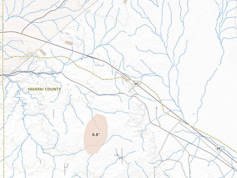 Radar-estimated hail-size map of the storm over Peach Springs, AZ on Jul 20, 2026