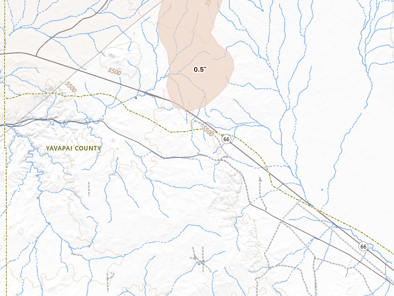 Radar-estimated hail-size map of the storm over Peach Springs, AZ on Jul 29, 2026