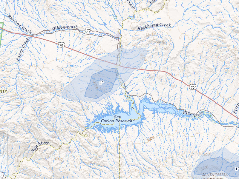 NEXRAD radar-signature map of the hail storm over Peridot, AZ on Jul 8, 2026