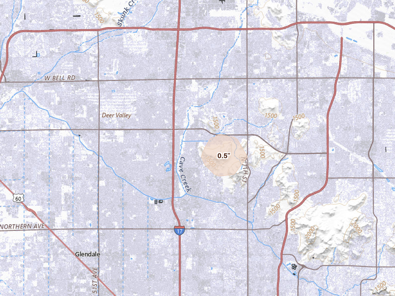 Radar-estimated hail-size map of the storm over Phoenix, AZ on Aug 9, 2026